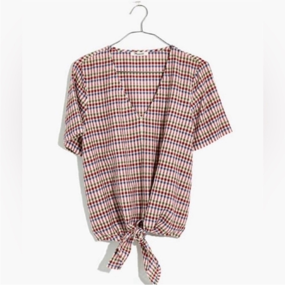 Madewell Novel Tie-Front Top in Rainbow Gingham Check xxs